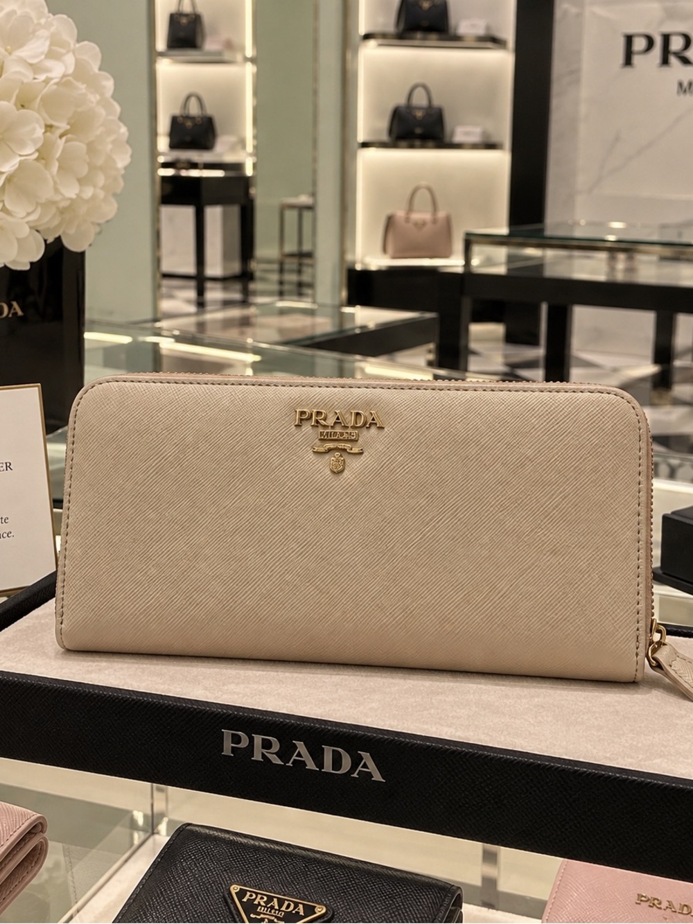 Prada Light Beige Saffiano Zip-Around Wallet with Gold Logo